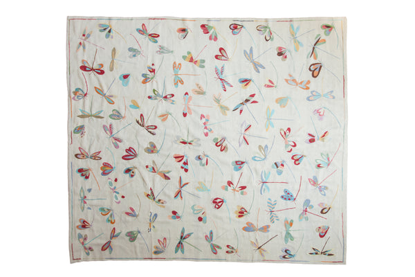 Hand woven Pakistani Pictorial Kilim carpet, ivory background with multicolored dragonflies, 8'2" x 9'3".