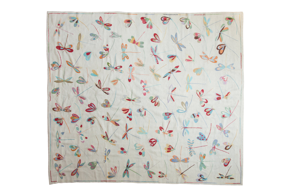 Hand woven Pakistani Pictorial Kilim carpet, ivory background with multicolored dragonflies, 8'2