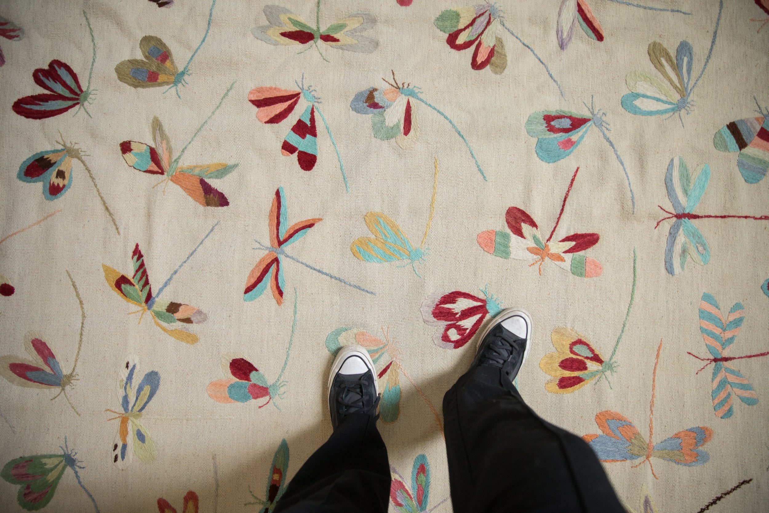 Detail of a hand woven pictorial kilim rug featuring colorful dragonfly motifs, with feet.
