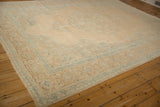 Angled view highlighting the time-softened corner and powder blue border of a vintage Persian rug.