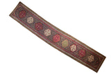 Antique Karabagh runner: navy floral field, plum and ivory hexagonal medallions, 3'5