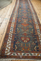 Vintage Northwest Persian runner: ivory fringe, serrated leaf border, navy, red, beige tones.