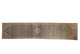 Vintage distressed Malayer runner rug, hexagonal medallion, allover boteh pattern, dusty teal abrash.