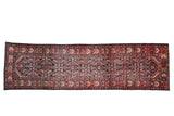 Vintage Persian Hamadan runner with an allover Herati design in dark navy blue and brick red.