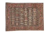 Distressed vintage Hamadan rug, allover geometric pattern, boteh border, charcoal, madder red, beige.