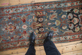 Mehreban vintage runner in dusty denim blue with distressed floral patterns and varied red hues.