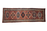 Vintage Persian Serab runner, diamond medallions, madder red field, pawn border, 3'10