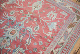 Serpent and pawn design motifs in the powder blue and ivory border of a distressed Anatolian rug.