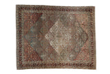 Vintage Baktiari rug with a distressed trellis design of tree motifs in slate blue, raspberry red, and ivory.