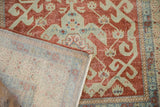 Visible foundation and intact side selvage of distressed red Caucasian rug.