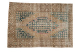 Distressed vintage Mazlaghan rug, elongated medallion, lattice palmette, ochre, blue, pink. 4'5