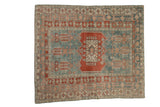 Vintage distressed Oushak square rug with a geometric center medallion in faded sky blue and madder red.