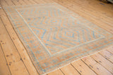 Corner of distressed Belouch rug with worn pale blue geometric motifs.