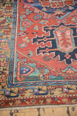 Antique Persian Heriz runner: serpentine vine border, brick red field, rich gem tones.