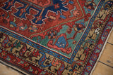 Antique Heriz rug border with serpent-like vines in brick red, indigo, and teal.