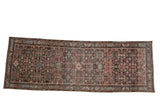Vintage Hamadan runner, allover geometric Herati pattern, charcoal and dusty blush, serrated border.