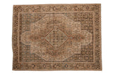Distressed vintage Senneh rug, concentric medallion, Herati pattern, muted blue, beige, and charcoal. 3'6
