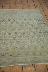 Vintage distressed Senneh rug with textured powder blue, silver, gold boteh pattern.