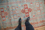 Vintage Malayer rug with distressed powder blue field, raspberry Ahar geometric and floral motifs.