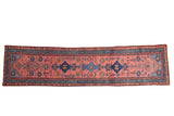 Vintage Mehriban runner rug with faded magenta, navy, sky blue diamond medallions. 2'7
