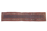 Antique Malayer runner with a repeating boteh pattern on a navy blue field and elaborate terracotta borders.