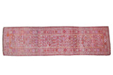Vintage distressed Kurd runner rug with dusty fuchsia, magenta, heavy abrashes, 3x11.