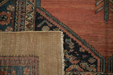 Antique Hamadan rug's hand-knotted foundation, secured edge, and geometric pile detail.