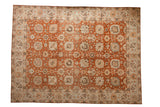 Vintage distressed Tabriz carpet with an allover palmette design in dark terracotta and a pale powder blue border.
