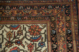 Hand knotted Malayer rug corner, with ivory Herati pattern and intricate multi-color borders.