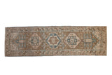 Distressed vintage Heriz rug runner, triple medallions, geometric birds, muted brown, blue, beige, 3'2