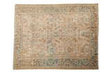 Vintage distressed Mehrivan carpet with an allover geometric pattern in ivory, coffee brown and dusty powder blue.