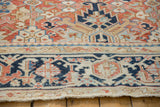 Vintage Persian Gorevan carpet detail: navy blue Turtle Samovar border, red, beige scrolled palmettes.