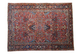 Vintage Heriz carpet, brick red arabesque field, navy Turtle Samovar border.