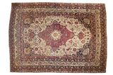 Fine Antique Kerman Carpet, cochineal medallion, ivory field with floral and arabesque design.