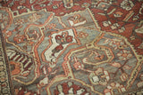 Distressed Baktiari carpet detail: worn pile texture, dusty burgundy, blue, ivory floral pattern.