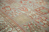 Distressed texture and repeating garden paradise panels in cherry red and dusty blue.