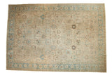 Distressed vintage Tabriz carpet with faded ivory, sand, and dusty blue allover Safavid palmette design.