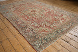 Vintage Distressed Heriz border with turtle samovar design, faded red, slate blue, beige.