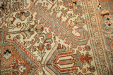 Vintage Distressed Mehrivan Carpet with copper, slate blue serrated leaf field detail.