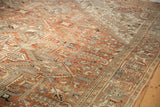 Distressed Mehrivan carpet close-up, copper and blue serrated leaves, Turtle Samovar border.