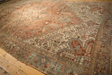 Distressed Mehrivan carpet detail: Turtle Samovar border with Herati leaf motifs, copper, slate blue.