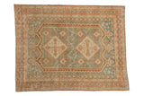 Distressed Afshar rug with faded blue and terra cotta geometric pattern, 4' x 5'1