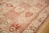 Distressed texture and repeating floral panels in red and sand on a vintage Persian Baktiari.