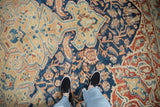 Distressed hand-knotted pile showing Samovar Turtle motifs in sand, indigo, and dusty blush tones.