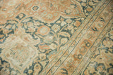 Distressed vintage Khorassan rug texture: faded copper, dusty teal, ivory curvilinear patterns.