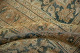 Distressed vintage Khorassan rug texture, highlighting faded terracotta and dusty teal motifs.