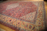 Herati style border of antique Persian Mahal carpet, sand ground, brick red, sapphire blue blossoms.