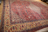 Antique Mahal carpet Herati main border detail with floral blossoms, sand, sapphire, dusty rose.
