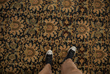 Antique Malayer rug detail: allover palmette design in navy, beige, with mostly even wear.