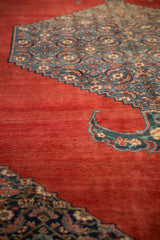 Angled detail of a bat-shaped finial and the stepped medallion edge on an antique Bijar carpet.